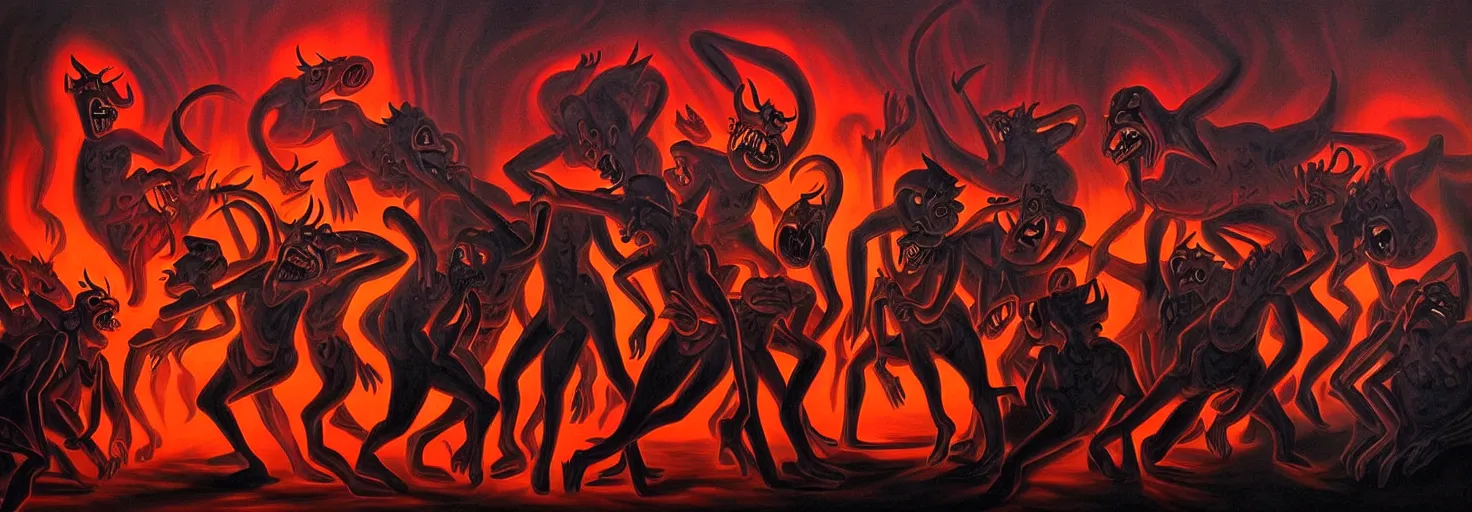 Image similar to hell demons, dramatic lighting, 1 9 3 0 s fleischer cartoon characters, wild emotional expressions - surreal painting by ronny khalil