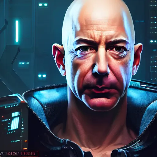 Image similar to front view, vicious, mad, ominous portrait of Jeff Bezos as a cyberpunk 2077 loading screen, symmetry, front view, intricate, studio, art by anthony macbain + greg rutkowski + alphonse mucha, concept art, 4k, sharp focus