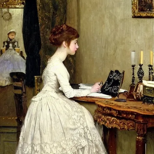 Image similar to victorian girl in ball gown writing a letter, painting by alfred stevens