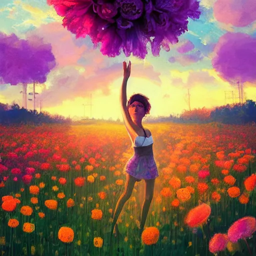 Image similar to head made of giant flowers, girl dancing in a vast flower field, arms behind back, surreal photography, sunrise dramatic light, impressionist painting, colorful clouds, large sky, digital painting, artstation, simon stalenhag, flower face