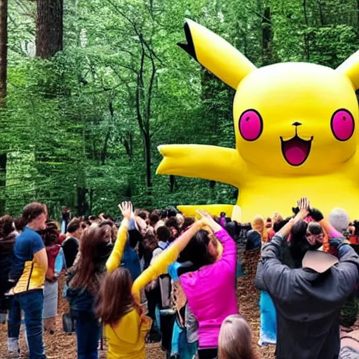 Image similar to photograph of a group of people worshipping a giant pikachu in a forest