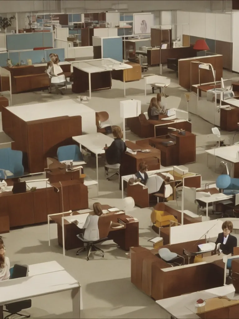 Prompt: a still of severance series indoor 7 0 s furniture office scenario appearing in a film of jacques tati