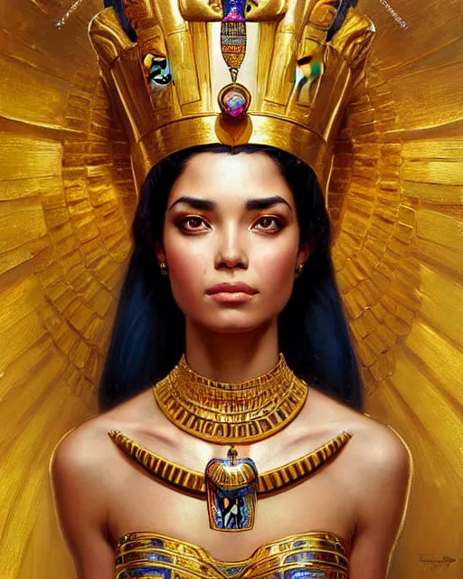 Prompt: portrait of a beautiful egyptian queen with golden crown, beautiful symmetrical face, goldish, fantasy, regal, by stanley artgerm lau, greg rutkowski, thomas kindkade, alphonse mucha, loish, norman rockwell.