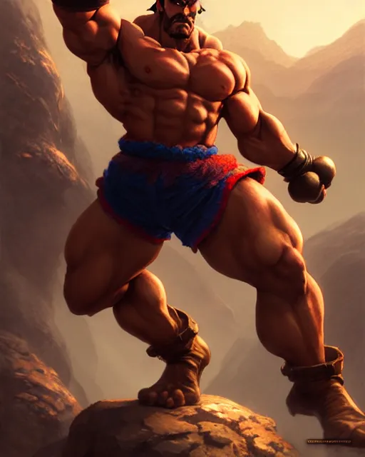 Image similar to gigachad luigi bodybuilder fighting like street fighter in mountain, fantasy character portrait, ultra realistic, anime key visual, full body concept art, intricate details, highly detailed by greg rutkowski, ilya kuvshinov, gaston bussiere, craig mullins, simon bisley