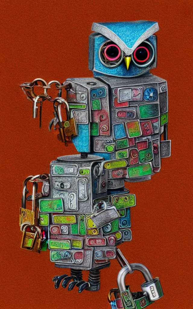 Prompt: colored pencil and pen drawing of an animatronic robot owl - bird made from rusty old keys and padlocks, 4 k photorender realityengine