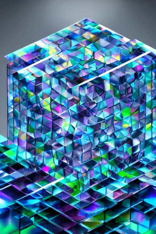 Image similar to iridescent cube, sharp focus, highly detailed, 3 d, rendered, octane render, still photo, realistic, central composition, cinematic, dynamic lighting