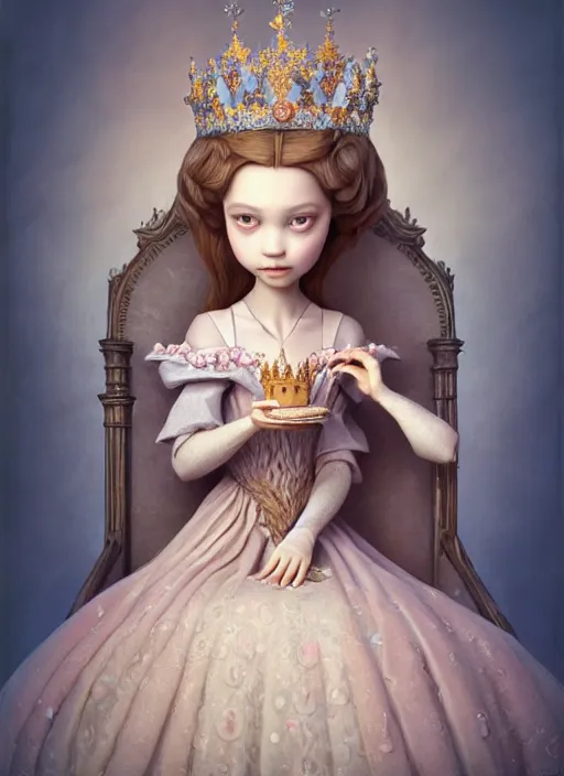 Prompt: highly detailed closeup, low - poly hands, portrait of a fairytale medieval princess wearing a crown and sitting on a throne eating cakes, unreal engine, nicoletta ceccoli, mark ryden, earl norem, lostfish, global illumination, god rays, detailed and intricate environment