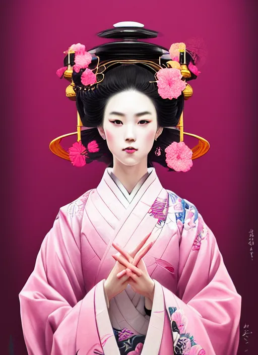 Image similar to dreamlike luxury stunning oiran portrait, pink pastel colours kimono, art by artgerm, wlop, loish, ilya kuvshinov, 8 k realistic, hyperdetailed, beautiful lighting, detailed background, depth of field, symmetrical face, frostbite 3 engine, cryengine,