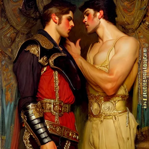 Image similar to attractive fully clothed king confesses his love for his attractive fully clothed male prince. highly detailed painting by gaston bussiere, mark brooks, j. c. leyendecker