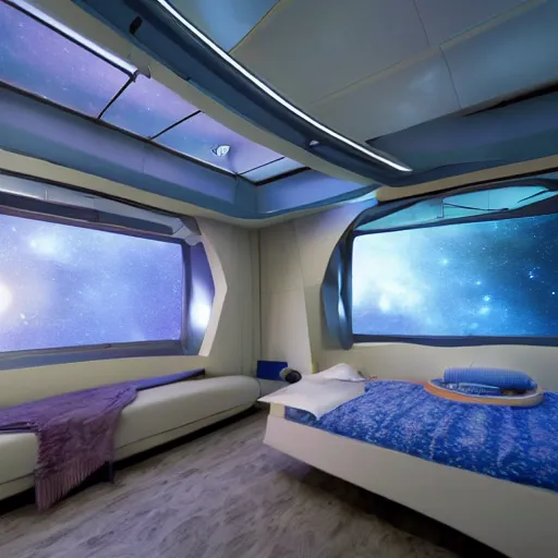 Prompt: wide-angle photograph of a futuristic cozy space station bedroom with windows that have a gas giant planet outside in space