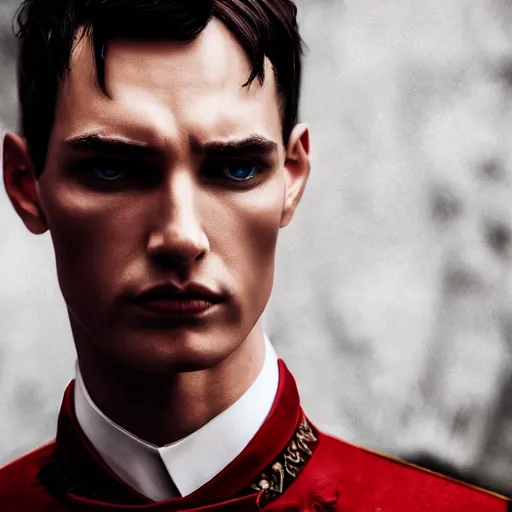 Prompt: portrait of a regal prince with sharp cheekbones, white clothes, high collar, close up, wistful melancholic hopeful expression, super details, angry people behind him furious and red, modern digital art, matte painting, science fiction