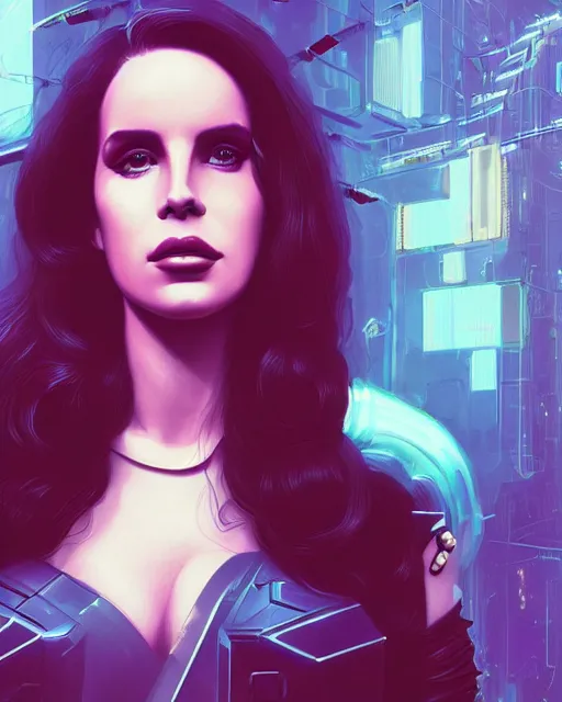 Image similar to portrait of lana del rey as a cyberpunk cyborg. roses, sci - fi, missing panels, intricate abstract, upper body, intricate artwork, by tooth wu, wlop, beeple, dan mumford. concept art, 8 k octane render, deviantart, greg rutkowski, cinematic, key art, hyperrealism, iridescent accents