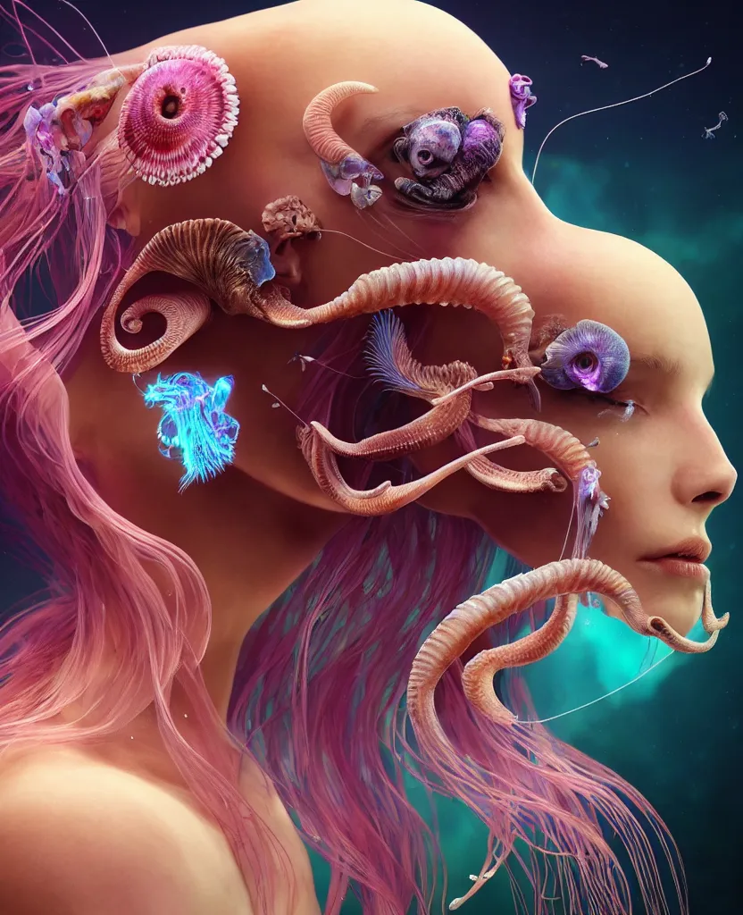 Image similar to goddess princess beautiful woman face close-up portrait ram skull. jellyfish phoenix head, nautilus, orchid, skull, betta fish, bioluminiscent creatures, intricate artwork by Tooth Wu and wlop and beeple. octane render, trending on artstation, greg rutkowski very coherent symmetrical artwork. cinematic, hyper realism, high detail, octane render, 8k