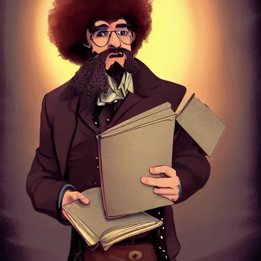 Image similar to a full shot of a steampunk Bob Ross with a black bob hair style holding a stack of books, standing in a steampunk reading room. in a steampunk reading room. digital illustration, soft lighting lighting, 8K, anime, trending on ArtStation, digital art. @MarioManiacDude