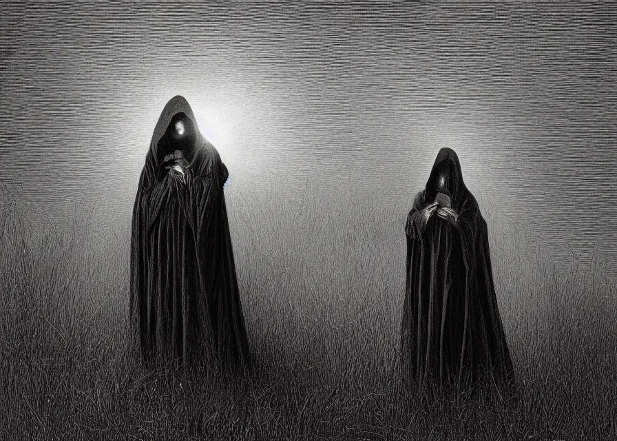 Prompt: a hooded figure in a black robe standing in a flower meadow while bright light beam is emmited from the sky onto him, illustration by Gustave Dore, 18th century drawing , black and white, highly detailed, 4k, concept art, artstation