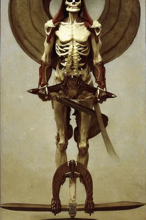 Image similar to portrait of a fully armed skeleton archer with big sword, wearing helmets and armor with wings, symmetrical, solemn, sacred, aura, by bouguereau