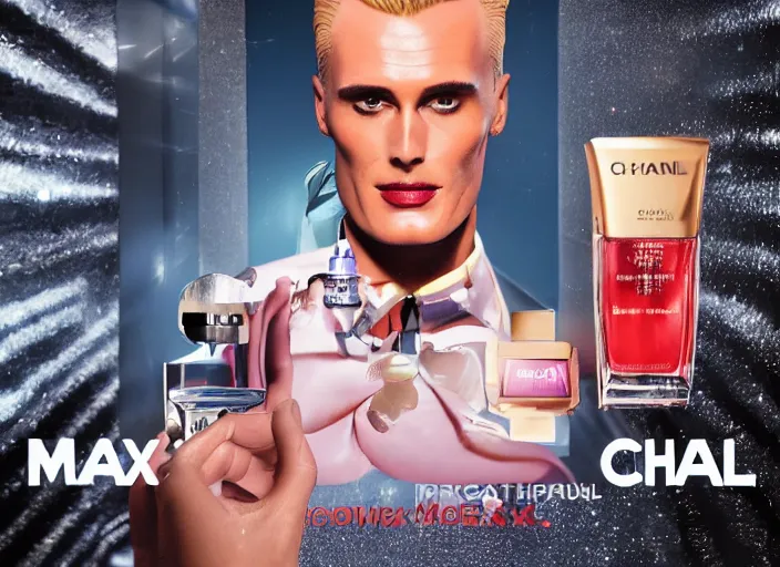 Prompt: Max Headroom in a Perfume advertisement, magical, science fiction, symmetrical face, large eyes, Chanel, Calvin Klein, Burberry, Versace, Gucci, Dior, hyper realistic, digital art, octane render, trending on artstation, artstationHD, artstationHQ, unreal engine, 4k, 8k