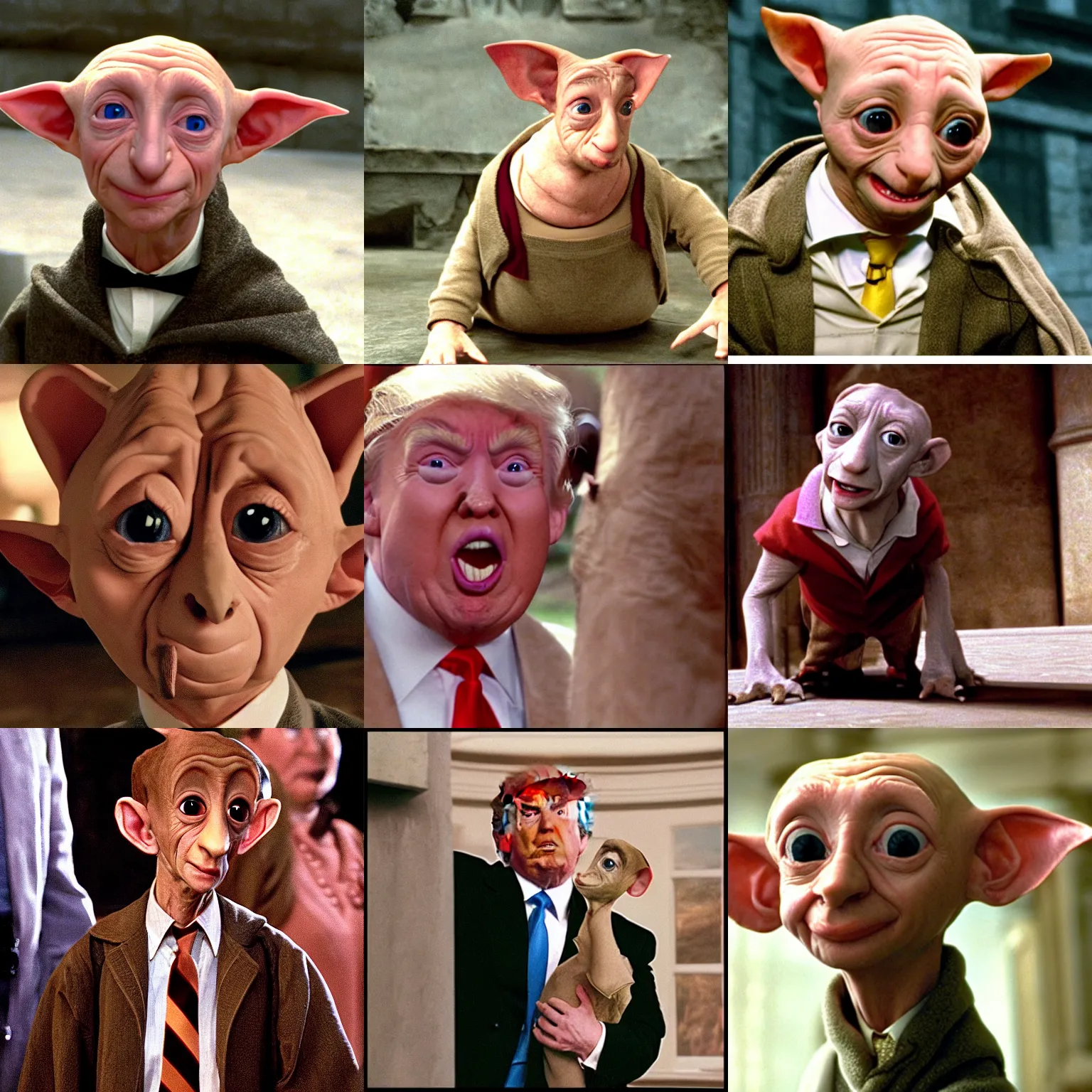 Prompt: donald trump as dobby, still from harry potter and the chamber of secrets ( 2 0 0 2 )