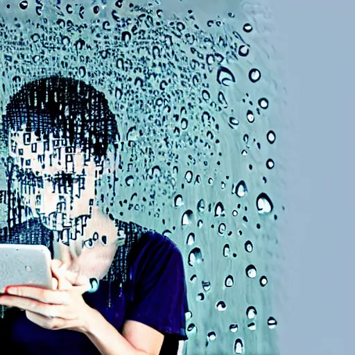 Prompt: photo of a woman made entirely of water reading the wikipedia article for water on her phone