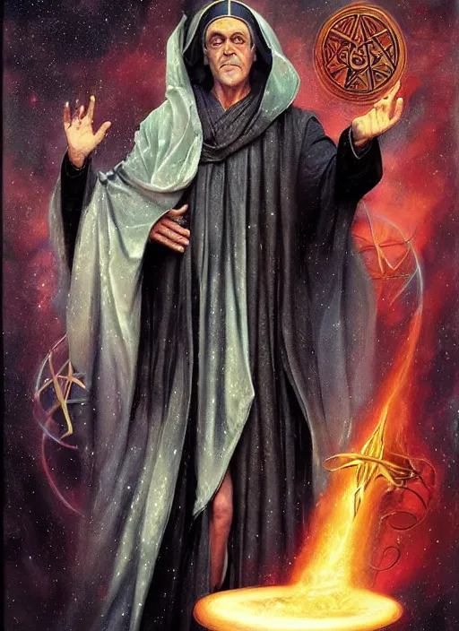 Image similar to george clooney as aleister crowley the grand mage of thelema. art by tom bagshaw and greg danton and manuel sanjulian