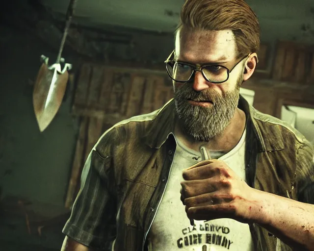 Prompt: jack baker from resident evil 7 ( 2 0 1 7 ) wielding axe, bearded, thinning hair, circular glasses, dirty yellow striped pajamas, dirty jeans, cinematic lighting, eerie atmosphere, photography 4 k