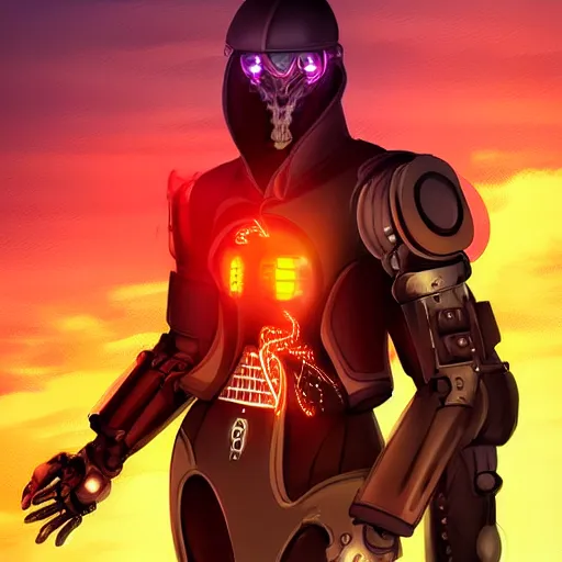 Image similar to portrait of a handsome cybernetic anthropomorphic western dragon, cyberpunk background, sunset, digital art