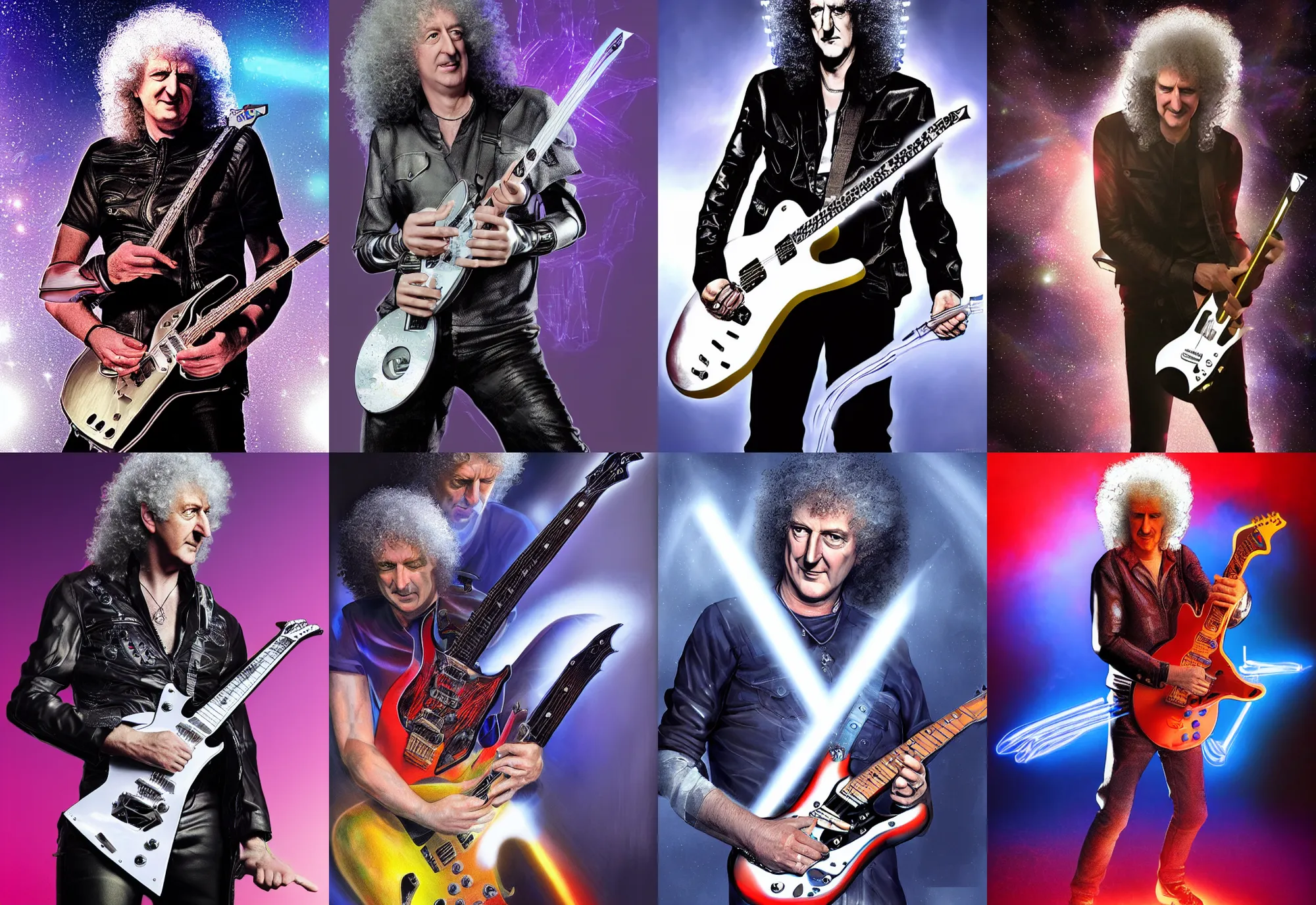 Prompt: brian may as a cyborg, holding an electric guitar, leds, chrome, science fiction, concept art, atmospheric, volumetric light, very realistic, highly detailed digital art