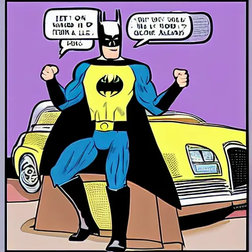 Image similar to batman as a used car salesman