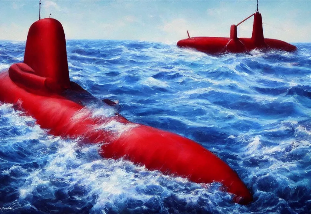 Image similar to realistic oil painting of a submarine in a red ocean!!