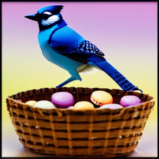 Image similar to A photograph of a (photorealistic blue jay) standing on a large basket of rainbow macarons.