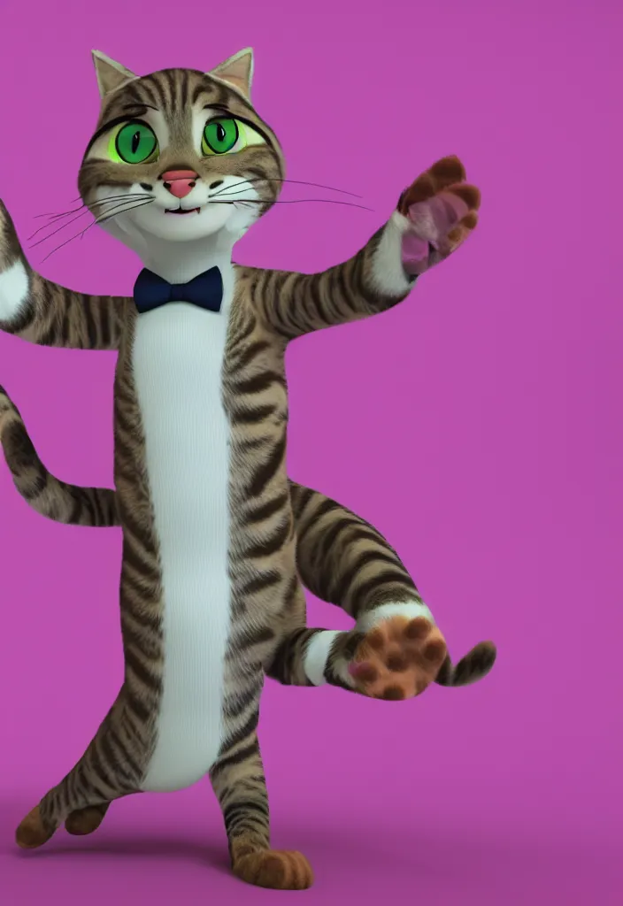 Image similar to 3d render , anthropomorphic male tabby cat,wearing a pink tux ,style of Zootopia, 8K HD Resolution, High quality image