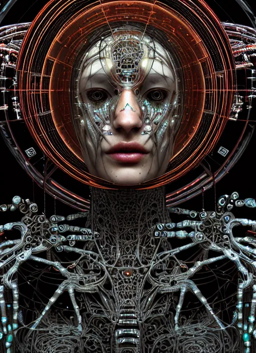 Image similar to timeless cybernetic deity with circuitry skin and networked mind tripping on acid, intricate detail, royo, whealan, giger, klimt, hd, octane render, unreal engine,