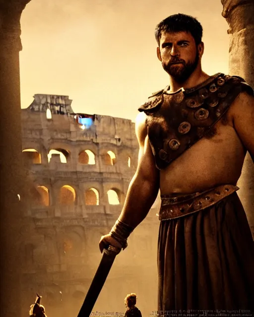 Prompt: Movie poster of a Roman gladiator, out of focus colosseum in background with spectators, in the style of Greg Rutkowski and Ace Powell and Jean Giraud, extremely moody lighting, glowing light and shadow, atmospheric, shadowy, cinematic