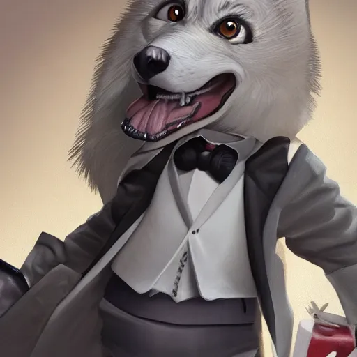 Prompt: An Award Winning Masterpiece Character Illustration trending on artstation of a White Wolf in a Tuxedo, 4k, ultra detailed