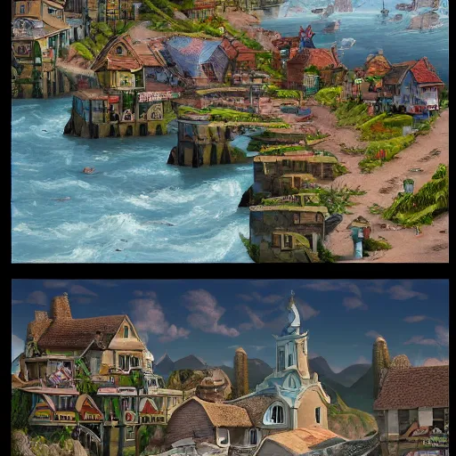Prompt: a seaside village, detailed, fantasy style, trending on artstation