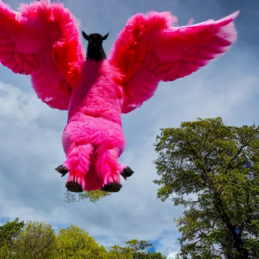 Prompt: national geographic photograph of a flying alpaca with big pink wings, soaring through the sky, flying above other pigs. daylight, outdoors, wide angle shot