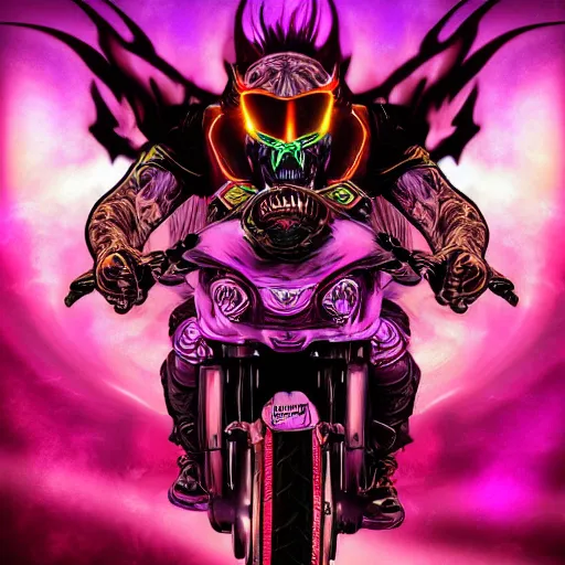 Prompt: psychedelic blacklight airbrush artwork, hyper stylized action shot of a menacing orc riding a motorcycle, clear focused details, soft airbrushed artwork, black background, cgsociety, artstation