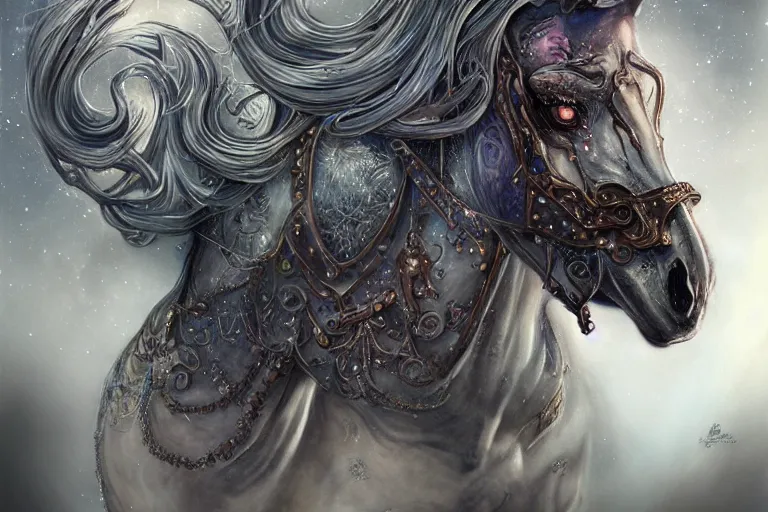 Image similar to a wlop 3 d render of very very very very highly detailed beautiful mystic portrait of a phantom undead horse with whirling galaxy around, tattoos by anton pieck, intricate, extremely detailed, digital painting, artstation, concept art, smooth, sharp focus, illustration, intimidating lighting, incredible art,