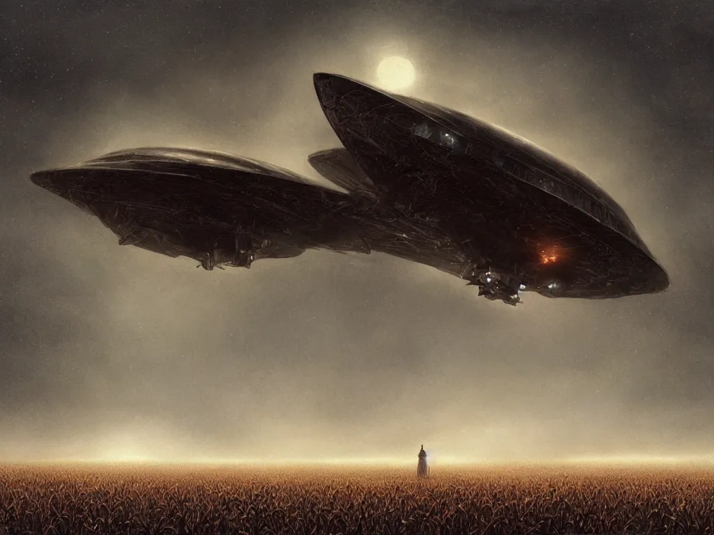 Image similar to Dark fantasy Painting of a UFO spaceship floating over a foggy corn field at night, creepy, unsettling, horror, thriller, mystery, intricate, wild, highly detailed, digital painting, artstation, concept art, smooth, sharp focus, illustration, art by artgerm and greg rutkowski and alphonse mucha