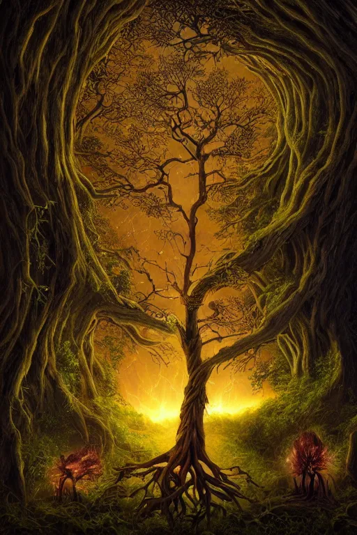 Image similar to a beautiful digital illustration painting of a detailed gothic fantasy fireflies and roots, fantasy tree with heart carved into the bark by benoit b. mandelbrot, steven belledin, martin johnson heade, lee madgwick, caspar david friedrich, and david rios ferreira. 8 k resolution trending on artstation concept art digital illustration