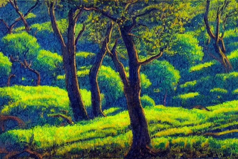 Prompt: masterpiece painting of oak trees on a hillside overlooking a creek, dramatic lighting, by dorothy p. lathrop