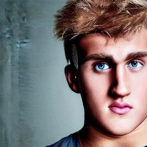 Image similar to a realistic detailed photo of boxer & youtuber jake paul with a mind control chip on his head, blank stare, shiny skin