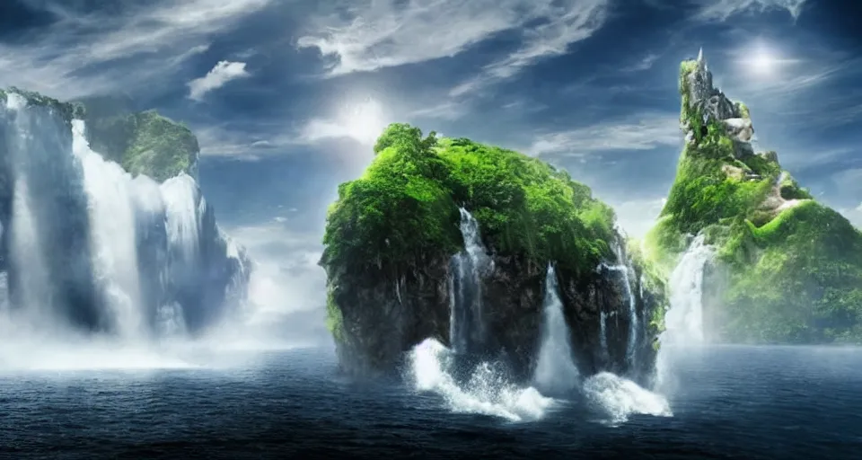 Image similar to A magnificent floating island in the sky above the sea, defying gravity, waterfall falling down, epic lighting, epic composition, cinematic, highly detailed