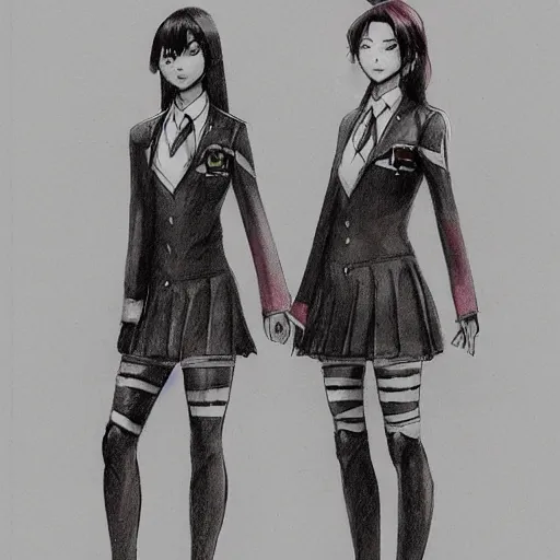 Image similar to a perfect, realistic sci-fi professional digital concept sketch of two Japanese schoolgirls posing, in style of Marvel, full length, by pen and watercolor, by a professional American senior artist on ArtStation, a high-quality hollywood-style sketch, on high-quality paper