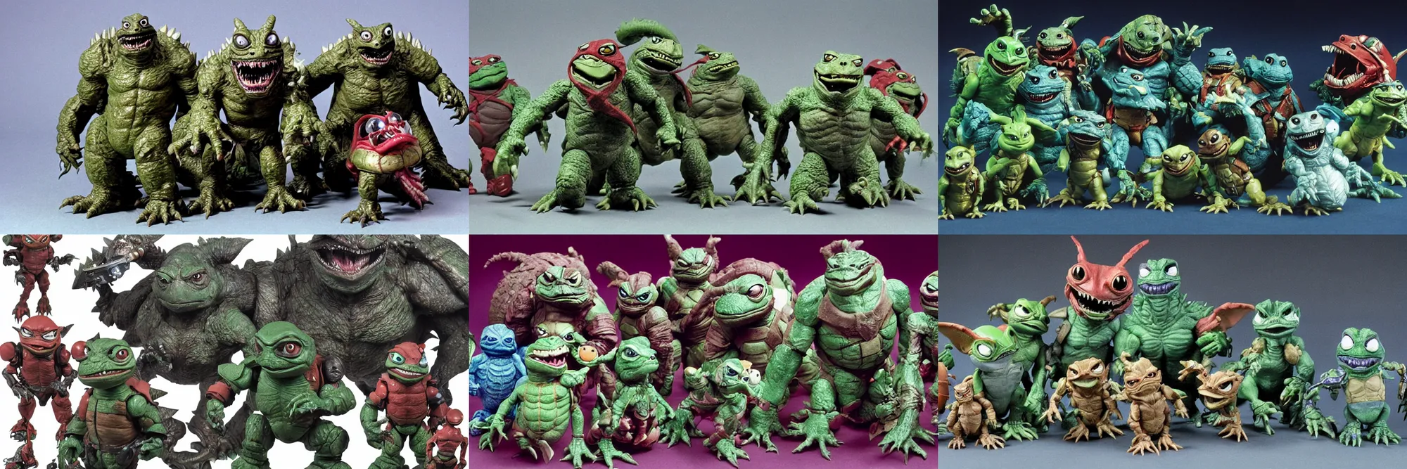 Prompt: Gremlins with Godzilla subsurface scattering battle Predator in mech suits forged from glow in the dark limited edition Teenage Mutant Ninja Turtle action figure parts, catalogue photography, exciting toy commercial circa 1992