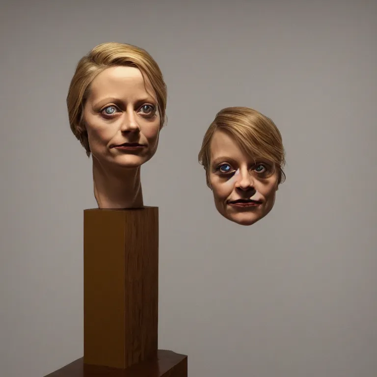 Prompt: studio photograph of colorful postmodern portrait sculpture of jodie foster, beautiful symmetrical!! face accurate face detailed face realistic proportions, made of spray - painted beeswax on a pedestal by ron mueck and matthew barney and greg rutkowski, hyperrealism cinematic lighting shocking detail 8 k