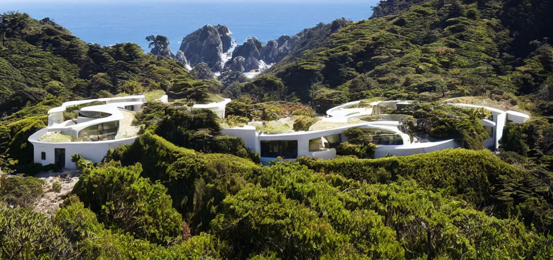 Image similar to castle designed by renzo piano overlooking big sur. landscape design by roberto burle marx.