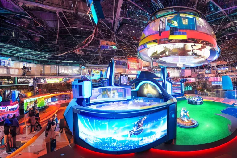 Image similar to futuristic high - tech tv show arena with mini games happening outside, wide angle, cinematographic shot, day