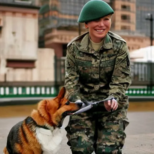 Image similar to female soldier with corgi sniffer dog, old photograph in sci-fi city