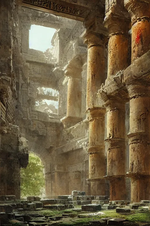 Image similar to looking up at ancient babylonian temple ruins interior, broken statues, moss, intricate, elegant, vivid colors, highly detailed, john park, frazetta, sparth, ruan jia, jeffrey catherine jones